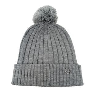MICHAEL Michael‎ Kors Beanie with Pom Gray OS Winter Soft Ribbed Logo Metal